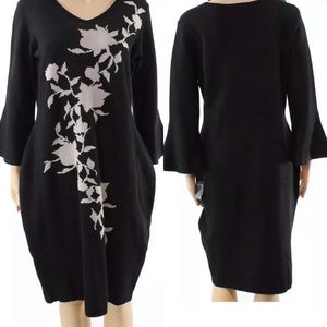 Gabby Skye Black Floral V-Neck Sweater Dress Size 1X